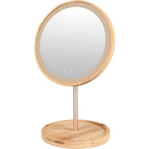 USB Charging Wooden LED Makeup Mirror Desktop Cosmetic Mirror Contact Adjustable Bright Light Beauty Mirror