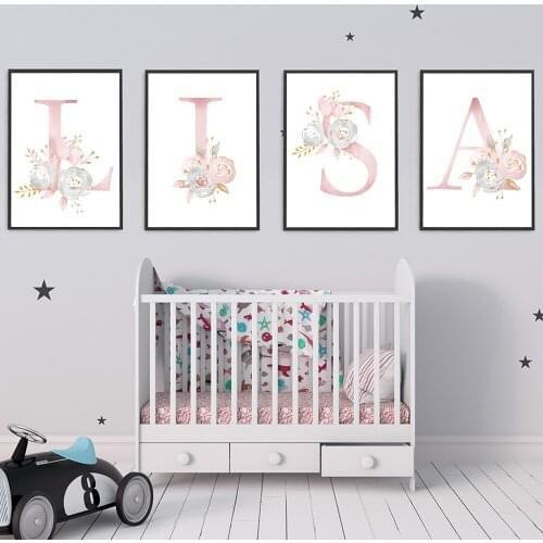 Baby Posters Personalized Girls Name Custom Poster Nursery Prints Pink Flowers Wall Art Canvas Painting Pictures For Girls Room