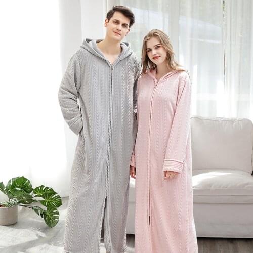 Lovers Winter Extra Long Autumn Warm Hooded Solid Ankle Length Sleepshirts Man And Women Kimono Nightdress Night Wear Dress Gown