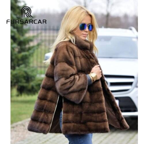 FURSARCAR Women Real Mink Fur Coats With Stand Collar Side Bifurcation Genuine Mink Fur Female Coat With Detachable Cuff