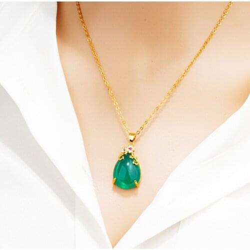 FYSL Light Yellow Gold Color Water Drop Green and White Agates Pendant for Women Necklace Flower Jewelry