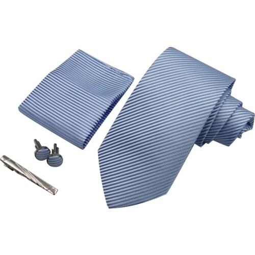 Gents Blue Striped Necktie Polyester Men`s Tie Jacquard Ties Set with Hanky Cufflink For Formal Business Wedding Party Business