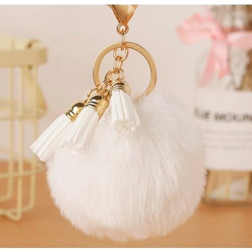 Hot sale Pompom Fur Ball Car Key Ring Pendant Fur Ball Keychain with Leather Tassel for Women Key Chian POM POM Keychain EH886