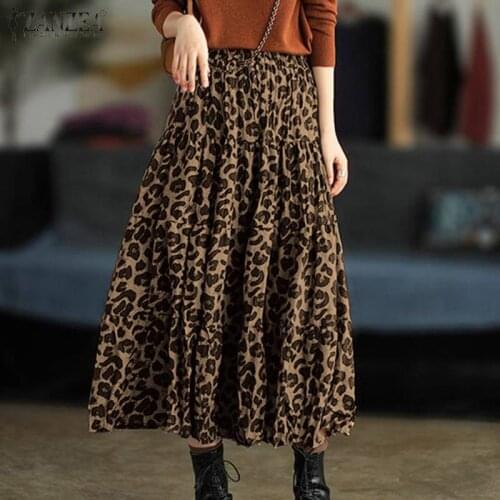 ZANZEA 2021 Fashion Printed Skirts Womens Leopard Sundress Spring High Waist Maxi Vestidos Female Pleated Robe Plus Size 5XL