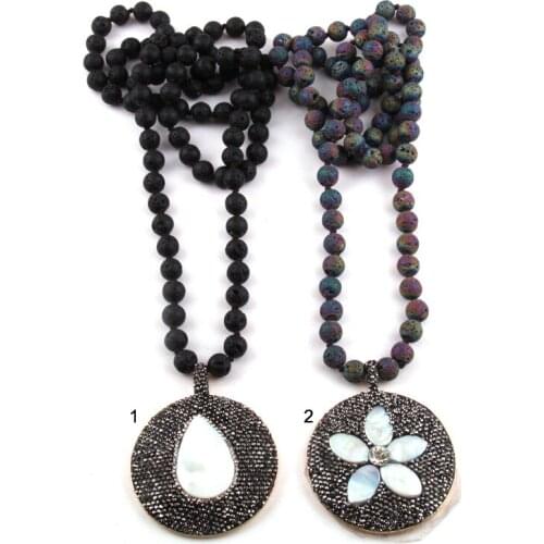 MOODPC Fashion Bohemian Jewelry Lava Stone Knotted Neck Crystal Pave Shell flower Decoration Pendant Women Necklaces