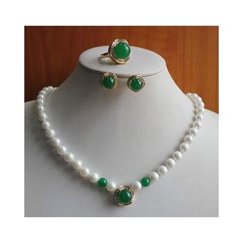 New Design Freshwater 8-9MM White Pearl/Green Jade Necklace Earring Ring(6/7/8/9)