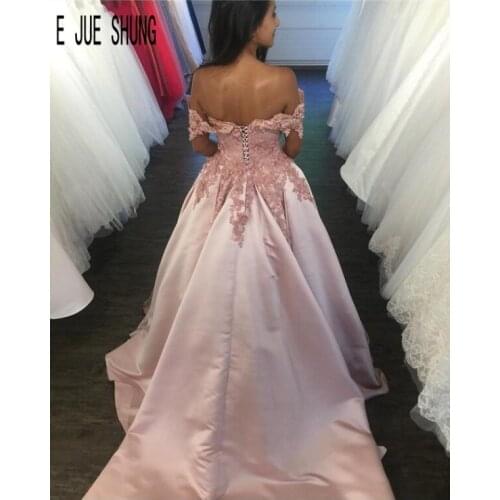 E JUE SHUNG Charming Pink Satin Wedding Dresses Off The Shoulder Backless Handmade Flowers Bridal Gowns Beaded Vestido De Noiva