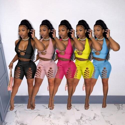 Solid Color Criss-Cross Cut Out Tracksuit Women Casual Sportswear Halter V Neck Crop Top + Biker Shorts Sexy Two Piece Set