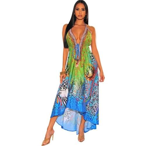 Vintage Dress For Women Sexy Deep V-Neck Suspender Summer Print Backless Long Dresses Sling Bohemian Beach Casual Sundress Hot