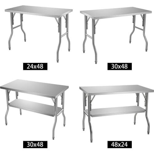 VEVOR Single/Double-Shelf Professional Stainless Steel Open Kitchen Folding Work Prep Tables Easy Storage for Home Commercial