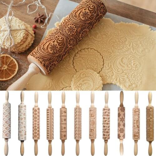 Christmas Rolling Pin Laser Wooden Christmas Embossing Rolling Pin Dough Stick Baking Pastry Tool Christmas DIY Tool