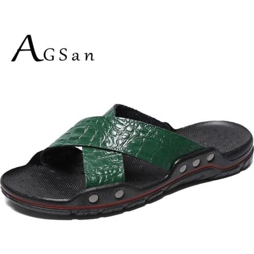 Summer Beach Slippers Men Genuine Leather Slides Big Size 48 47 Men Leather Sandals Green Blue Breathable Sandals Shoes Slip On