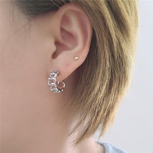 Vintage Rhodium Color Plating Chain Shape Curved Stud Earrings For Women Girl Cute Modern Basic Trendy Chic Jewelry Accessory