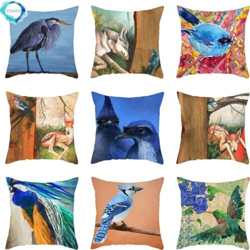 Animal Series Blue Bird Print Cushion Cover Art Painting Bird Polyester Pillow Case For Sofa Bed Pillow Cover Home Decor 45x45cm