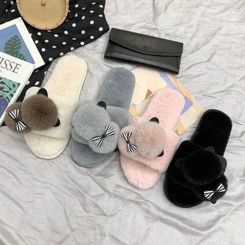 2021 New Winter Home Slippers Women Warm Cotton lovely Fabric Slipper Indoor Mute Non-slip Bear Ears Flat Women Shoes Fur Slides