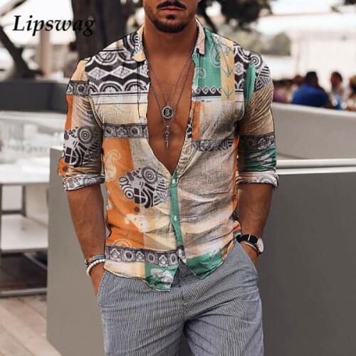 Vintage Harajuku Pattern Print Casual Shirt Men Long Sleeve Holiday Beach Shirts Fashion Buttoned Lapel Tops For Male Streetwear