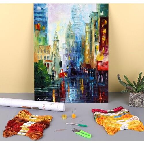 City After The Rain Printed Water-Soluble Canvas 11CT Cross Stitch DIY Embroidery Full Kit DMC Threads Handicraft Stamped