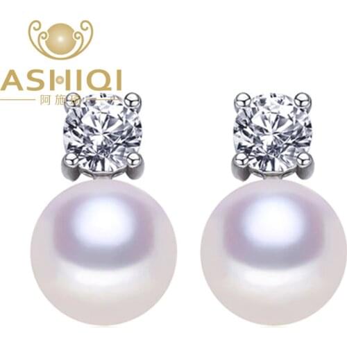 ASHIQI 925 Sterling Silver Earrings 6-7mm Perfectly Round White Natural Frewshwater Pearl Jewelry for women AAA Zircon wholesale