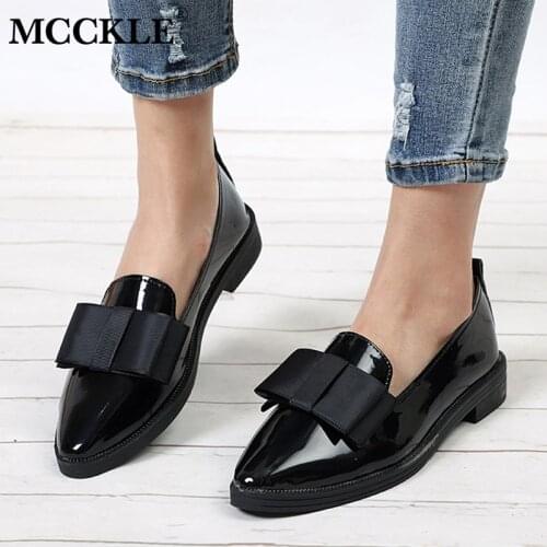 MCCKLE Flats Women Shoes Bowtie Loafers Patent Leather Womens Low Heels Slip on Footwear Female Pointed Toe Thick Heel Fahion