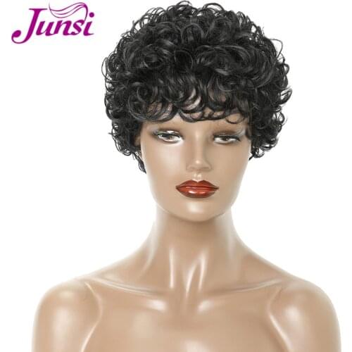JUNSI Short Pixie Cut Curly Hair for Women Mixed Brown Color Synthetic Hair