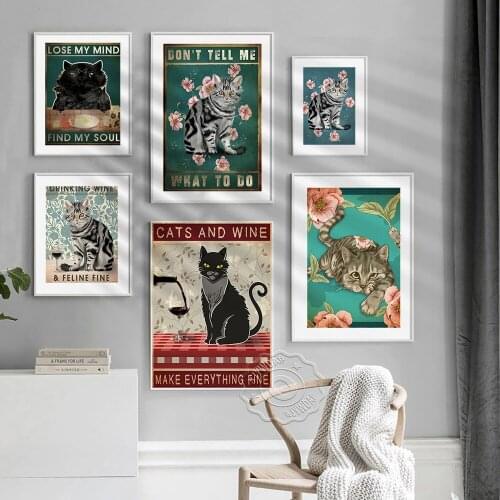Animals Plant Art Prints, Cat Floral Leaf Wine Prints Posters, Vintage Cute Funy Wall Picture Home Bedroom Kids Room Decor Gift