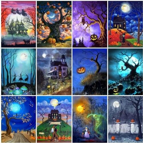 AZQSD Full Square Diamond Embroidery Tree Moon Picture Of Rhinestones Diamond Painting Landscape Halloween Decorations For Home