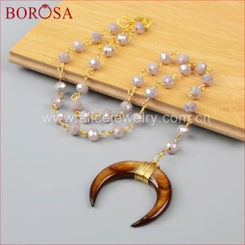 BOROSA Gold Color Wire Wrap Brown Shell Horn Necklace With Gray Quartz Faceted Beads,Drusy Handmade Pendant Necklace G1162