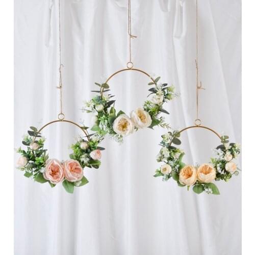 Cilected Floral Hoop Wreath Set Of 3 Artificial Peony Flowers Eucalyptus Metal Ring Wreath Hanging For Wedding Backdrop Décor