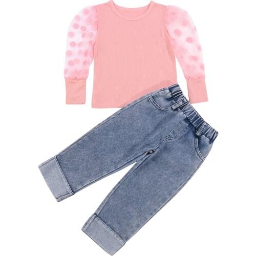 Baby Long Sleeves + Jeans, Bow Neckline Decoration Mesh Knit Stitching High Waist Spring Clothing