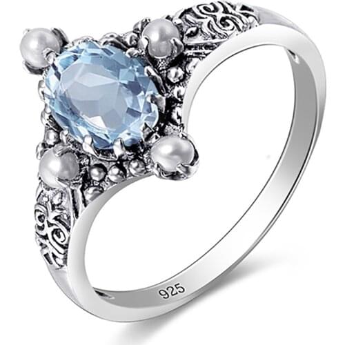 Szjinao Womens 925 Silver Ring Aquamarine Gemstone Rings With Fresh Water Pearl Oval Shape Handmade Fashion Jewelry Gift Girl