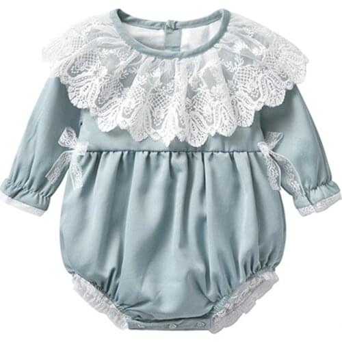 New Summer 2021 Infant Girls Romper Newborn Girls White Lace Collar Bowknot Jumpsuit Fashion Long Sleeve Cotton Bodysuit