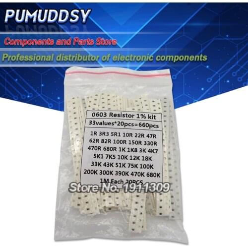 0603 SMD Resistor Kit Assorted Kit 1ohm-1M ohm 1% 33valuesX 20PCS=660PCS Sample Kit