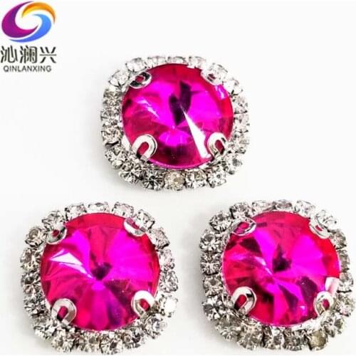 Round shape top glass crystal rhinestones with hole,Rose red Silver bottom sew on stone for Diy Clothing accessories SWWK09