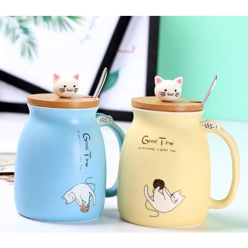 Cute 450ml Cat Mug With Lid and Spoon Porcelain Coffee Milk Tea Mugs Cafe Cup Drinkware Kids Lady Gifts