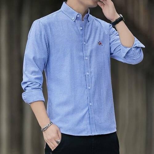 Mens Fashion Non-iron Stretch Soft Casual Striped Shirts Pocket-less Design Long Sleeve Standard-fit Youthful Button-down Shirt