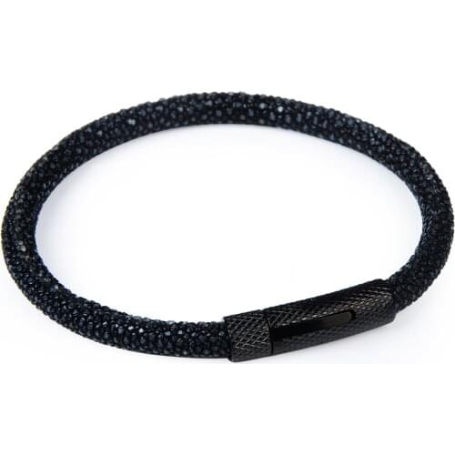 Punk Rock Black Genuine Leather Bracelet Stainless Steel Fastener Squamous High Quality Fashion Bangles Gifts For Men