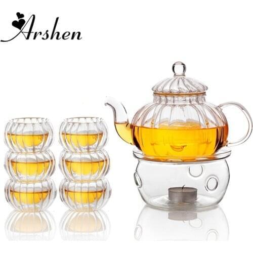 Arshen Pumpkin Shape Teaware Set Heat-Resistant Glass 600ML Teapot Set Infuser Teapot with Warmer and 6 Pcs Double Wall Tea Cups