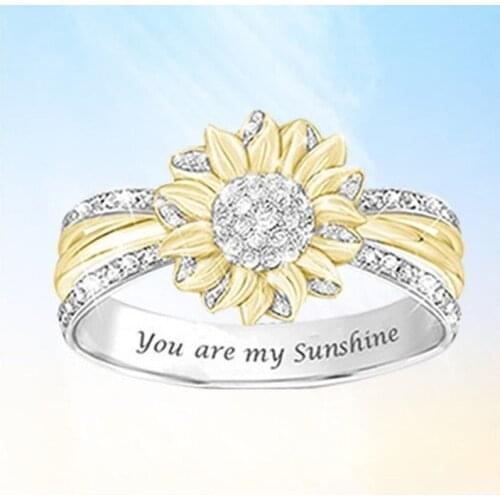 New Two-tone Diamond-encrusted Sunflower Set, Ladies Sunflower Flower Ring Letters, Fashion Accessories, Jewelry Gifts
