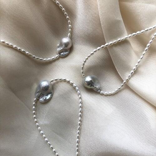New Fashionable joker natural glare natural 16X22MM Baroque shaped pearl necklace 3-4MM rice white pearl