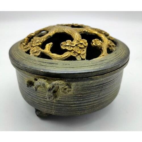 Christmas Gilding Metal censer Collectible Tibet bronze Copper Old Handmade Tree fork incense burner incensory Tabletop ornament