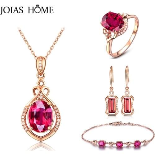 JoiasHome Charm 925 Sterling Silver Women Jewelry Set Ruby Ring Earrings Necklace Bracelets Rose Gold Women Wedding Fne Jewelry