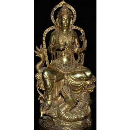 12" Old China Bronze Gilt Dragon Kwan-yin Guan Quan Yin Quanyin Godness Statue
