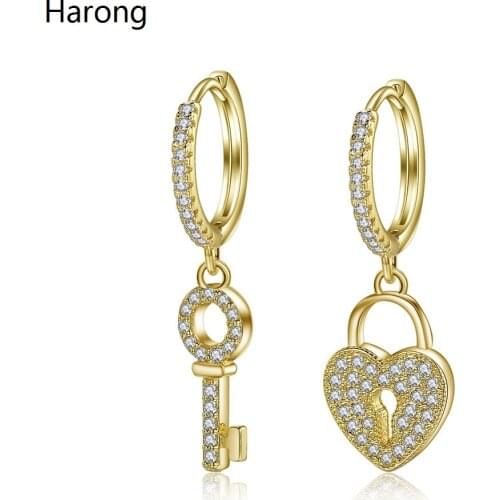 Trend Small Copper Crystal Hoop Earrings Quality Creative Key Lock Charm Earrings For Women Girls Aesthetic Jewelry Accessories