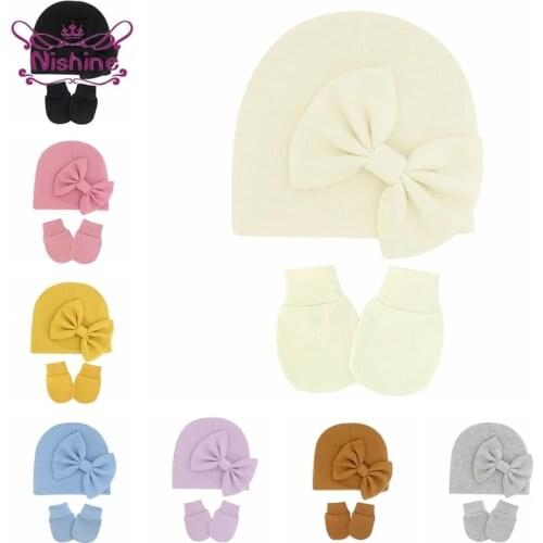 Newborn Solid Color Knitting Hat and Glove Set Cute Handmade Bowknot Infant Caps Baby Anti-Grab Face Protect Mitten Photo Props