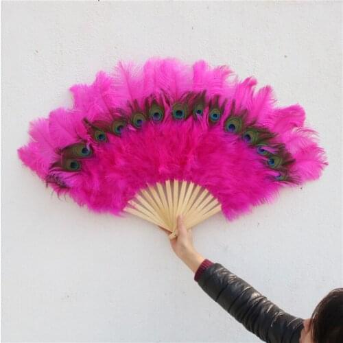 High Quality Beautiful Peacock Rose Ostrich Feather Fan Ecorates Halloween Party For Belly Dancers Props Handheld Plumes Fan