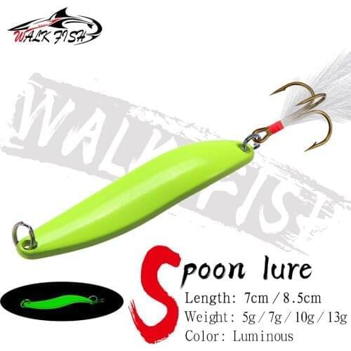 WALK FISH 1PCS 5g 7g 10g 13g Luminous Spoon Sequins Fishing Lure Metal Baits Feather Treble Hook Hard Bait Bass Fishing Tools