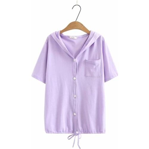 Plus size Drawstring hooded cotton women short sleeve tshirts 2021 summer casual gray Rose red violet lady t shirts female top