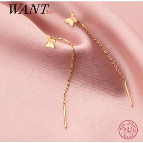 WANTME Real 925 Sterling Silver Romantic Butterfly Tassel Ear Line Earrings for Women Fashion Korean Cute Insect Party Jewelry