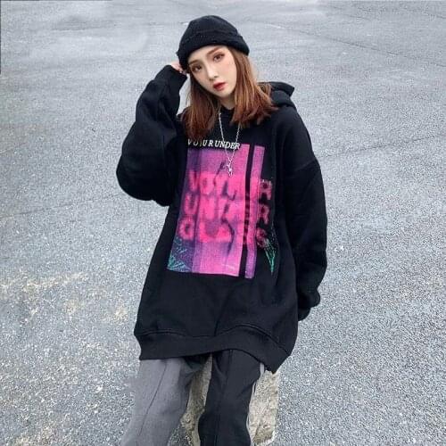 Women Hoodies Oversized Print Letter Black White Casual Hooded Sweatshirt Loose Tops Pullover Plus Size Streetwear Autumn 2020