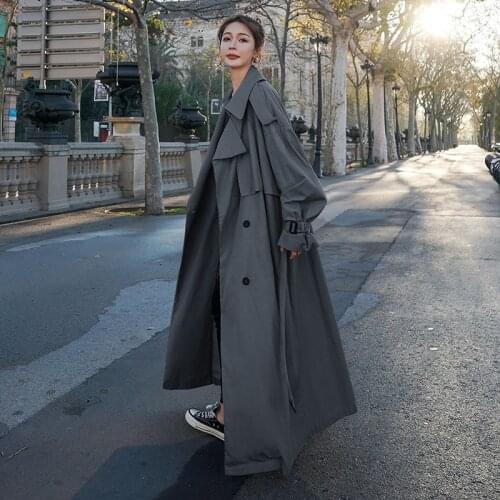 New Korean Style Loose Oversized X-Long Womens Trench Coat Double-Breasted Belted Lady Cloak Windbreaker Spring/Fall Outerwear
